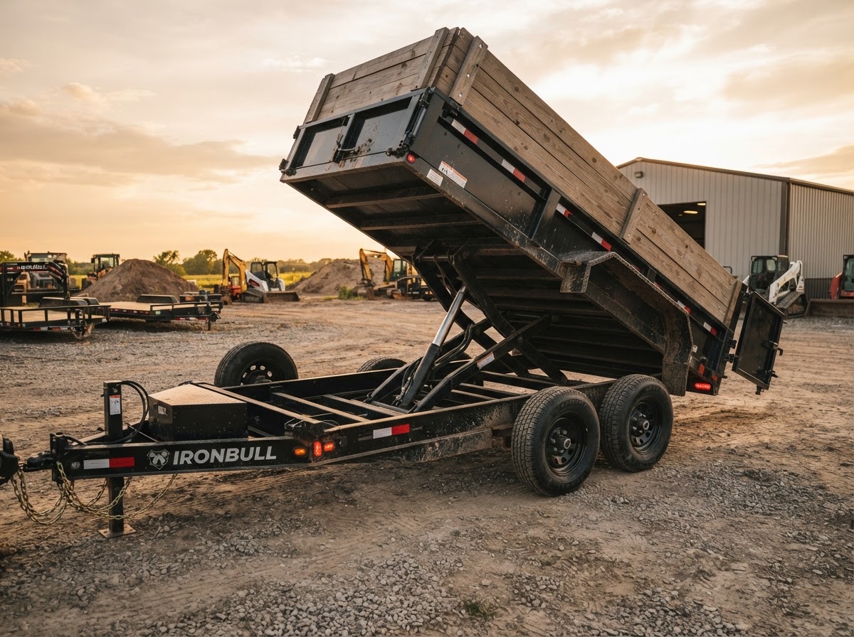 Rear three-quarter view of the 7 by 16 dump trailer with the bed raised to a steep dump angle, showing the scissor lift ram and wooden sides
