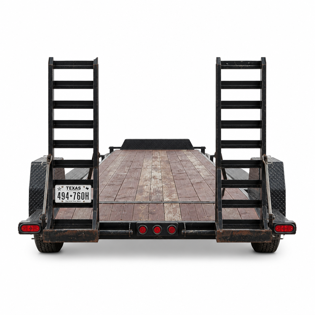 7 by 20 foot car hauler direct rear view showing upright loading ramps and Texas license plate
