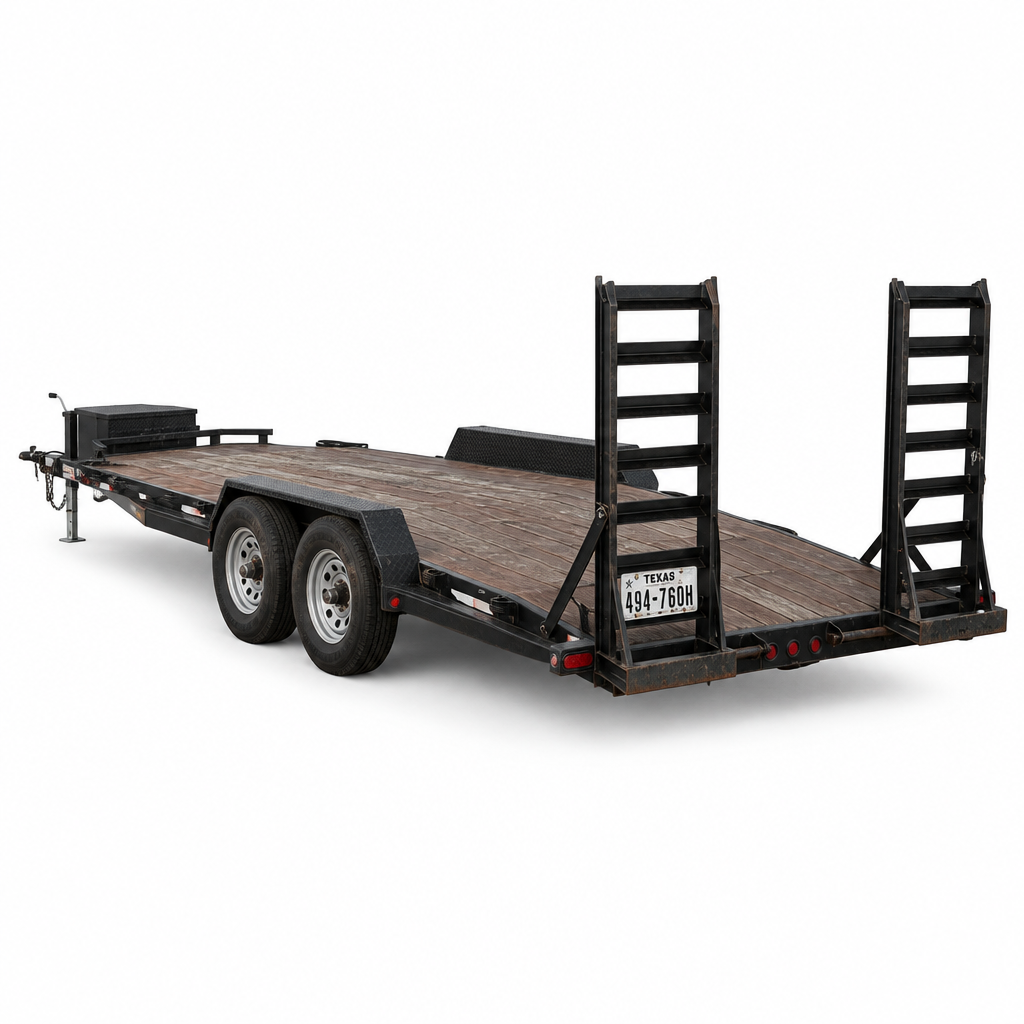 7 by 20 foot car hauler rear three-quarter view showing fold-up loading ramps and wood deck
