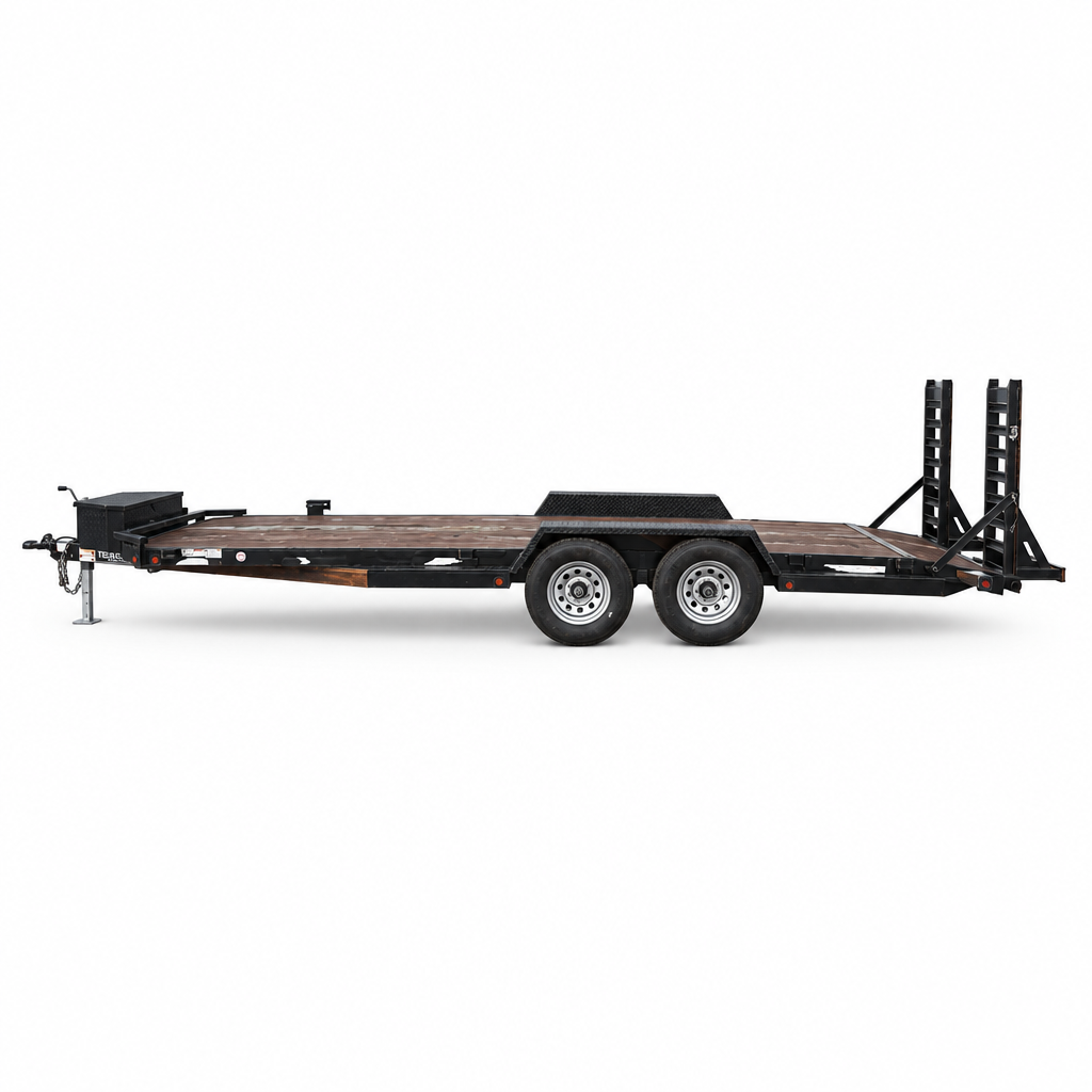 7 by 20 foot car hauler full side profile showing wood deck, dual axles, and fold-up ramps