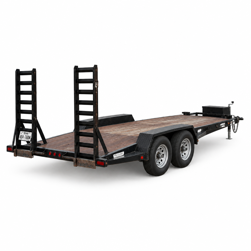 7 by 20 foot car hauler driver-side rear quarter angle showing dual axles and diamond plate fenders