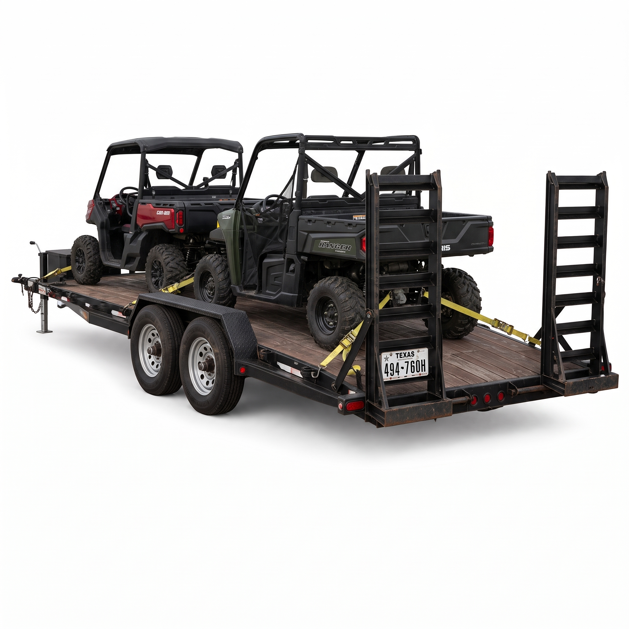 7 by 20 foot car hauler loaded with two side-by-side UTVs tied down on the deck
