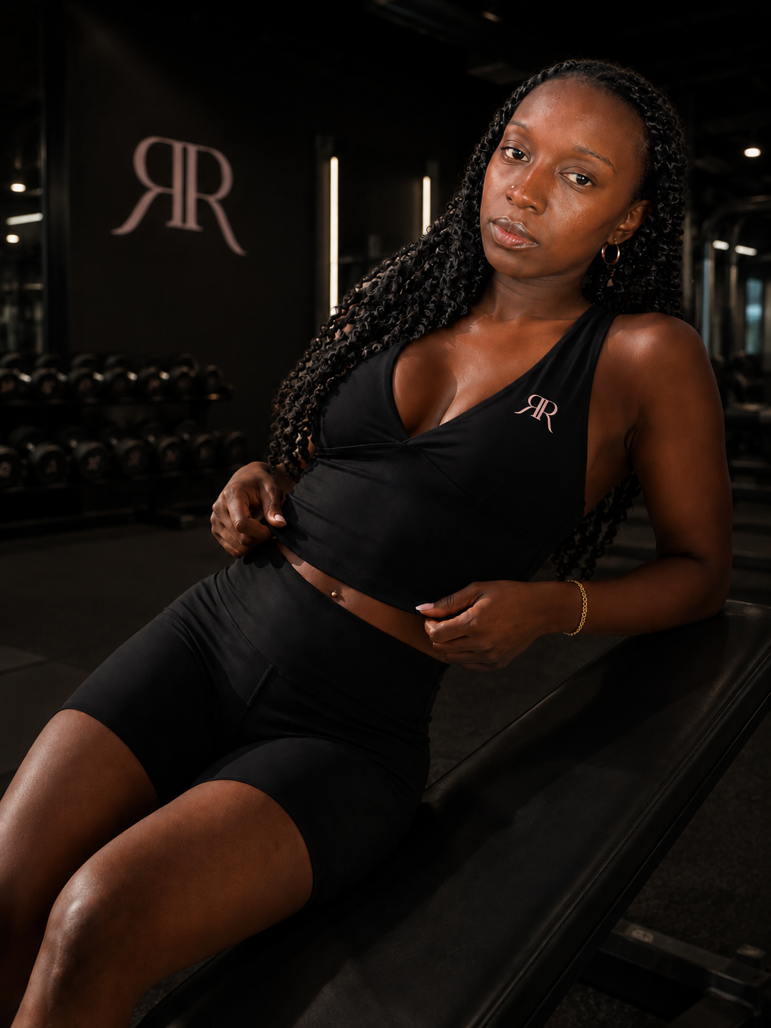 Rosa Rodriguez, founder of RR Luxe Fit, wearing the luxury fitness attire