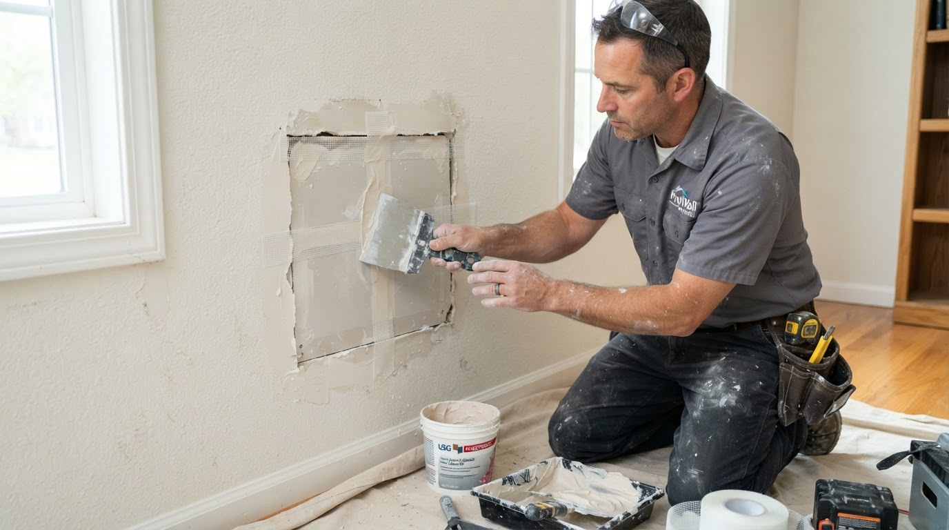 Contractor repairing a drywall hole and patching a wall in a Clinton MD home