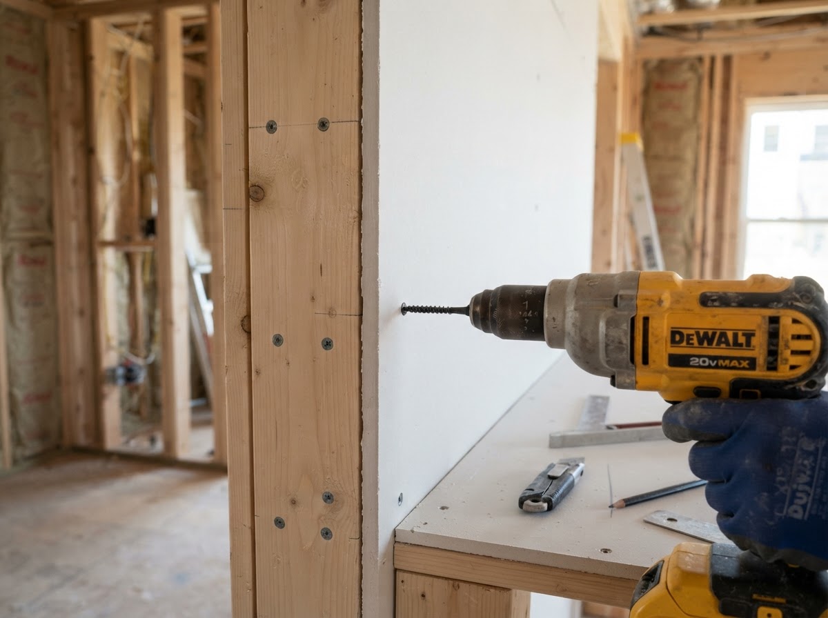 Drywall installation craftsmanship in Waldorf MD with clean sheetrock hanging and screw alignment