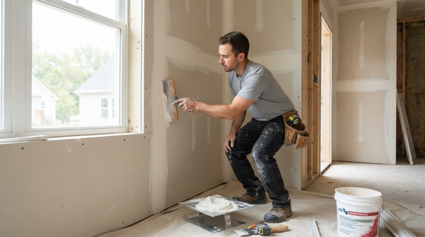 Drywall finisher applying joint compound and taping seams in a Bowie MD residential interior