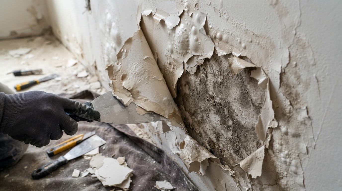 Close-up of peeling and bubbling drywall face paper on an interior wall in a Waldorf home before repair