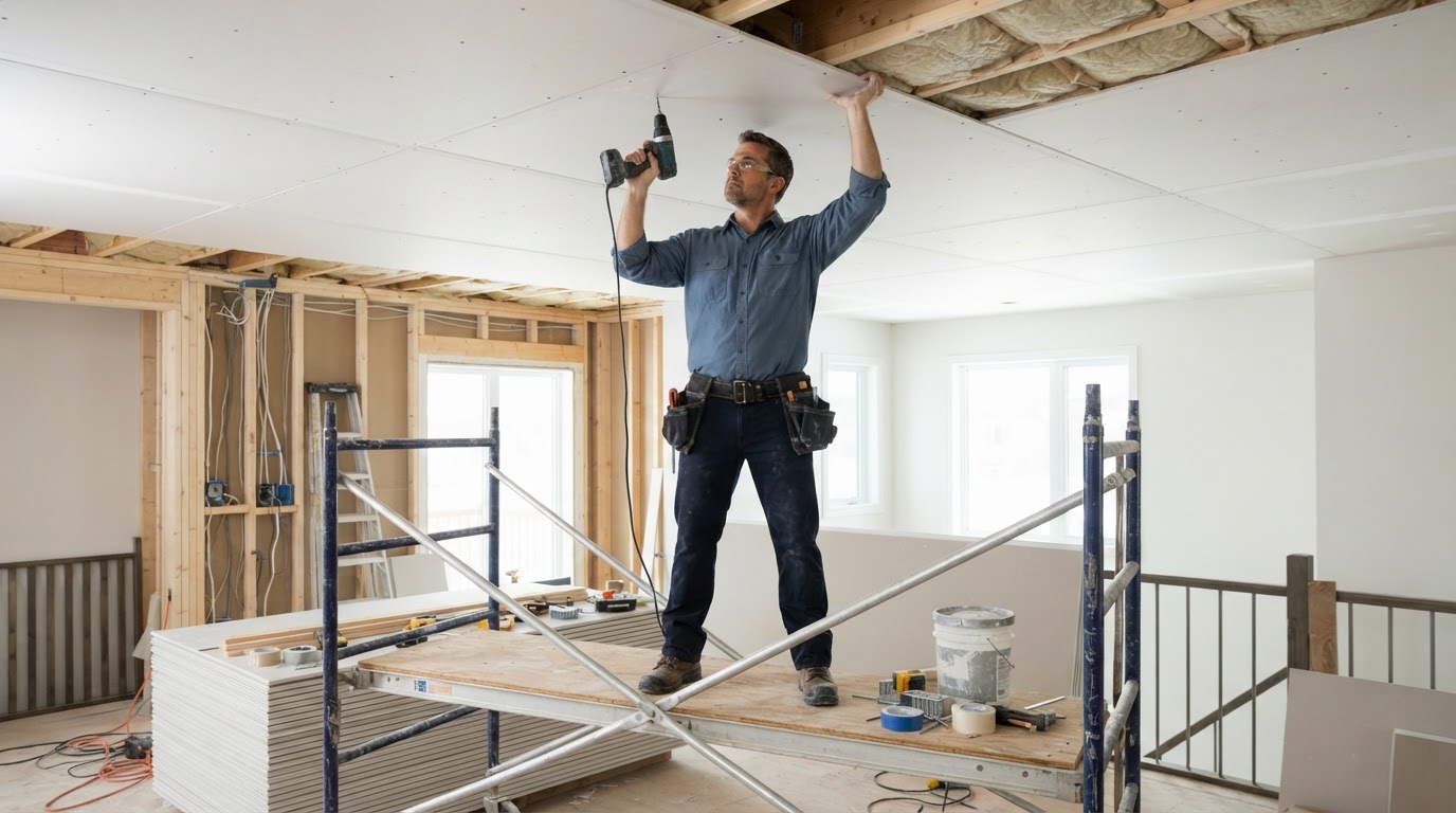 Contractor working on a drywall ceiling in a Hughesville MD residential interior