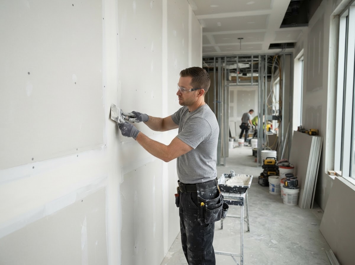 Contractor applying joint compound to drywall seams in a Washington DC commercial interior under renovation