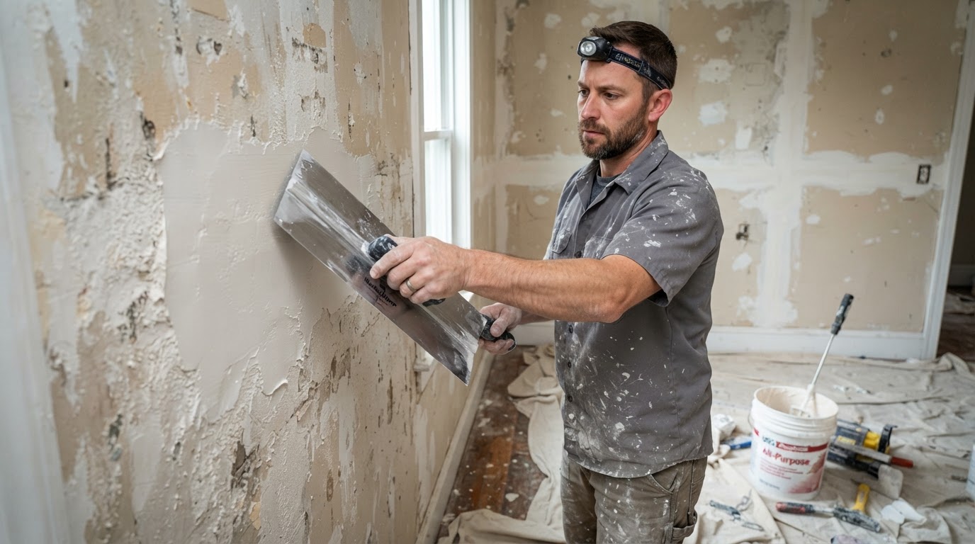 Old rough interior wall with uneven texture and previous patches being resurfaced with a wide skim coat trowel in a Waldorf home
