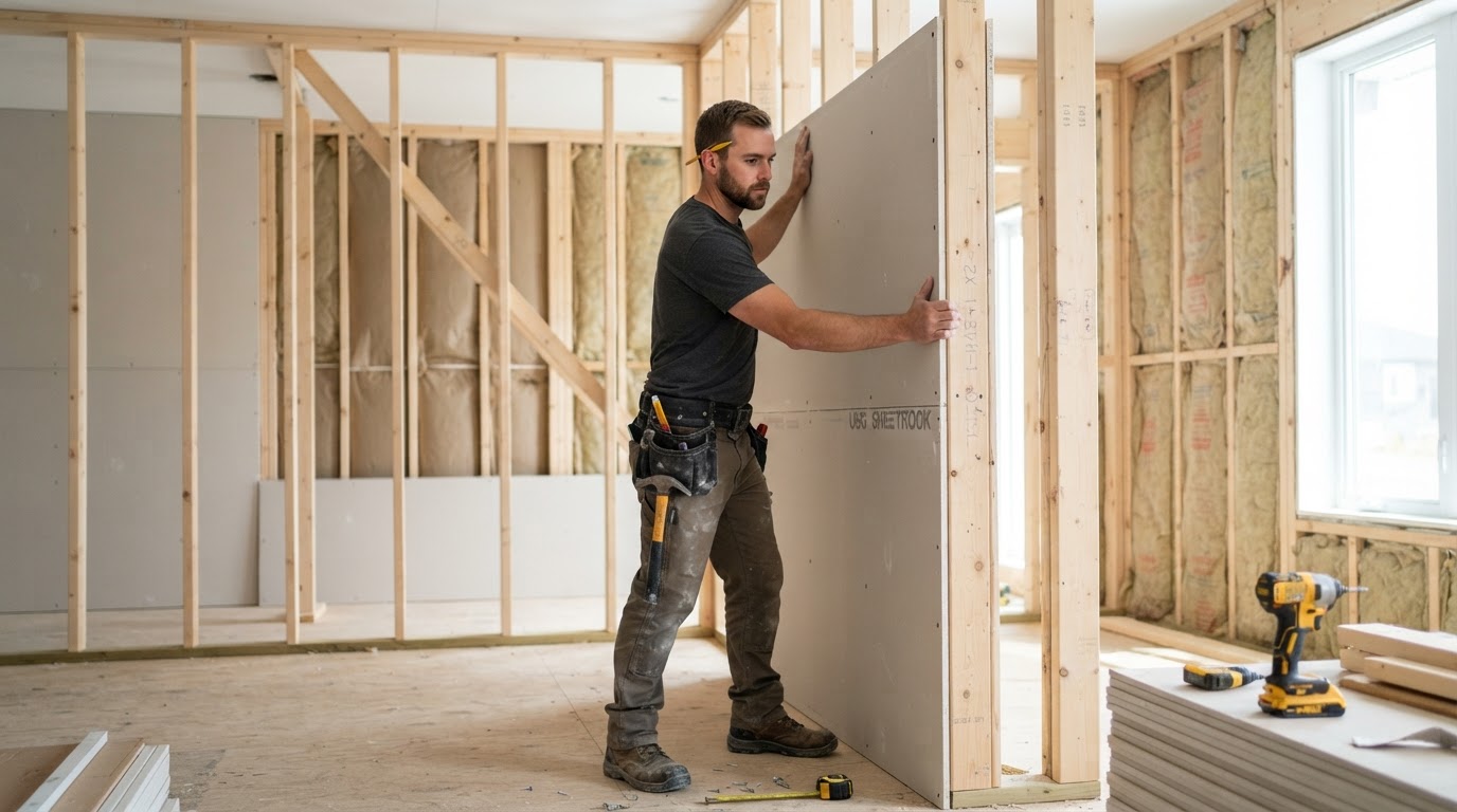 Drywall contractor installing gypsum board panels on wall framing for a White Plains MD home