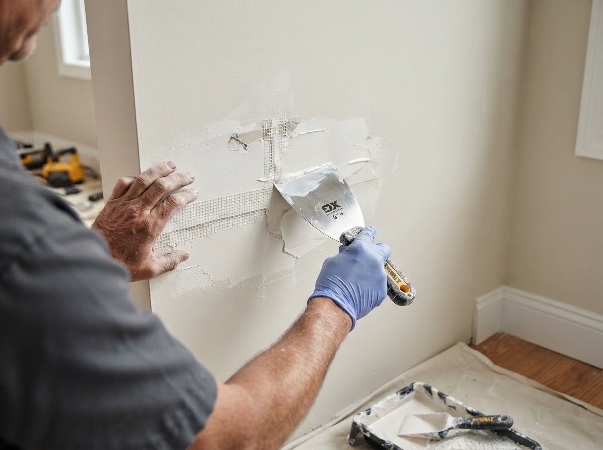 Contractor applying joint compound to a damaged drywall wall during a repair in Waldorf MD