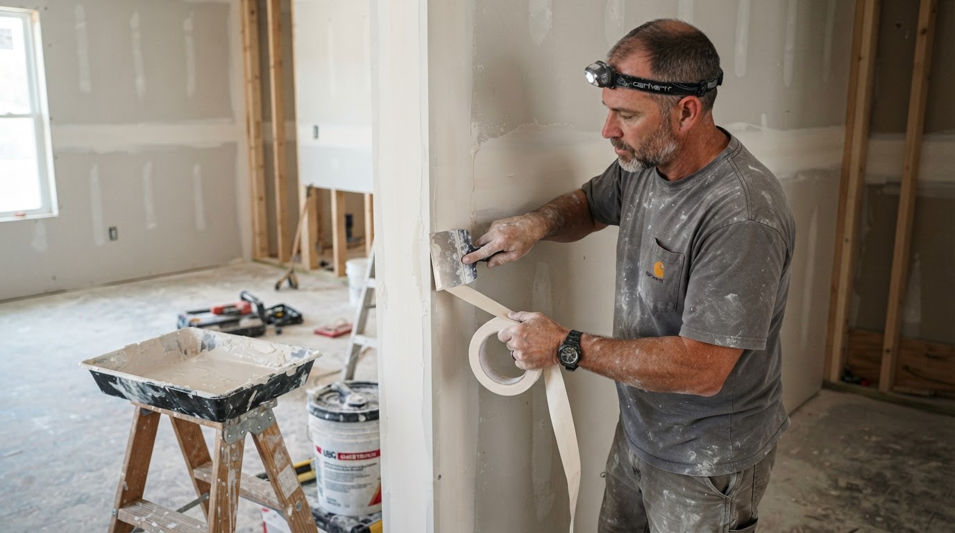 Drywall contractor finishing an inside corner joint where two interior walls meet in a Waldorf home