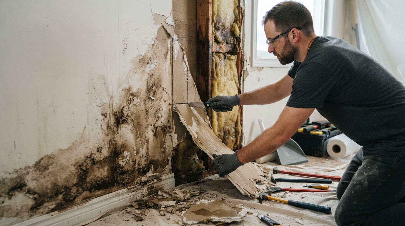 Water-damaged wet drywall being cut away from an interior wall for replacement in a Waldorf home