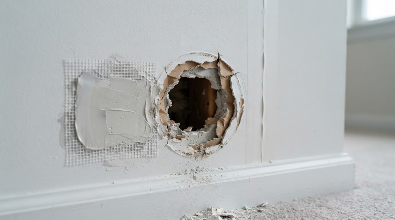 Small round doorknob impact hole punched through interior drywall in a Waldorf home before patching