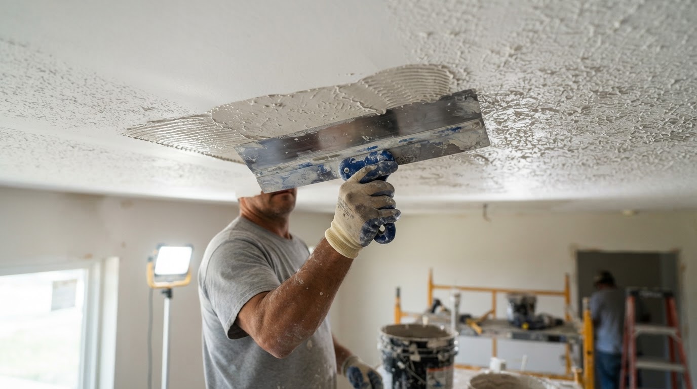 Close-up of knockdown drywall texture being flattened with a knife on an interior ceiling in a Waldorf home