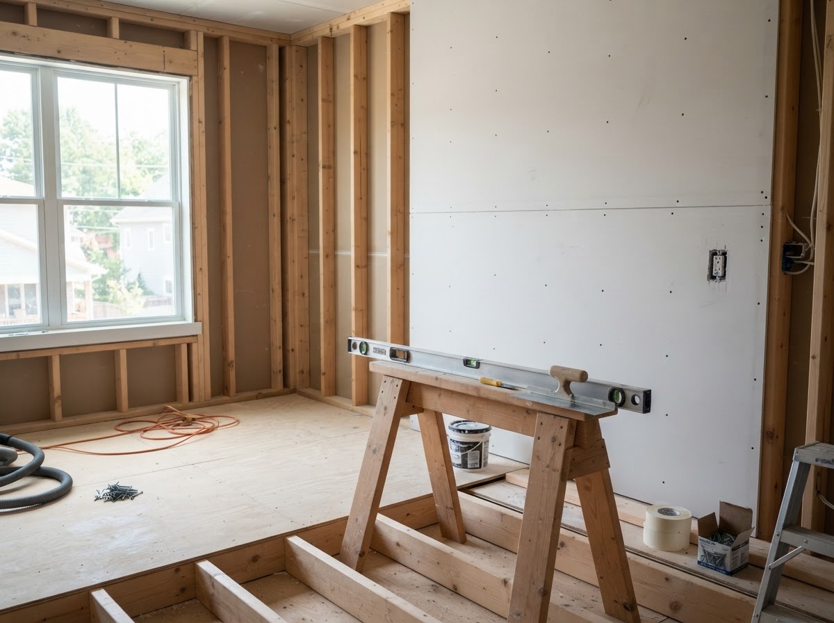 New drywall sheets installed on wall studs in a Waldorf Maryland residential construction project