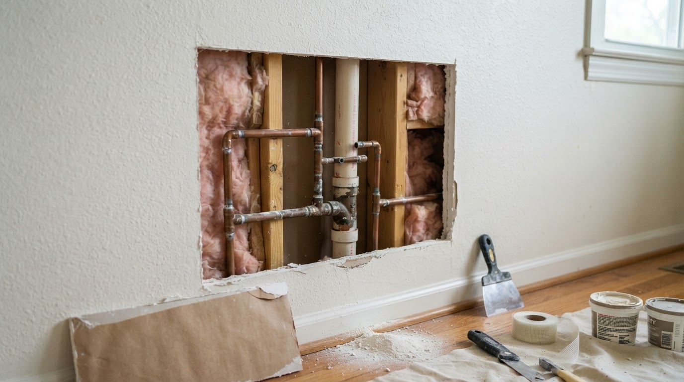 Drywall access opening in an interior wall after a plumbing leak repair in a Waldorf home, ready to be patched