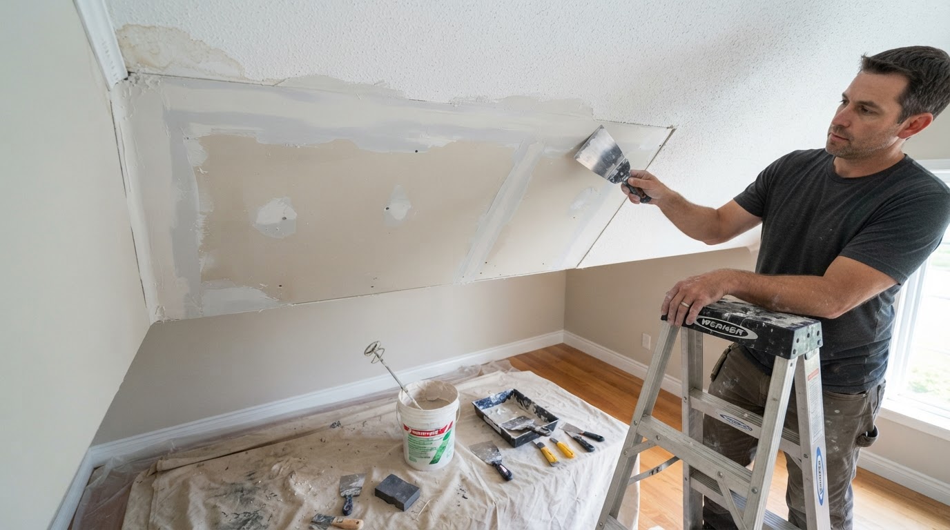 Stained drywall ceiling being repaired and refinished after a roof leak in a Waldorf home