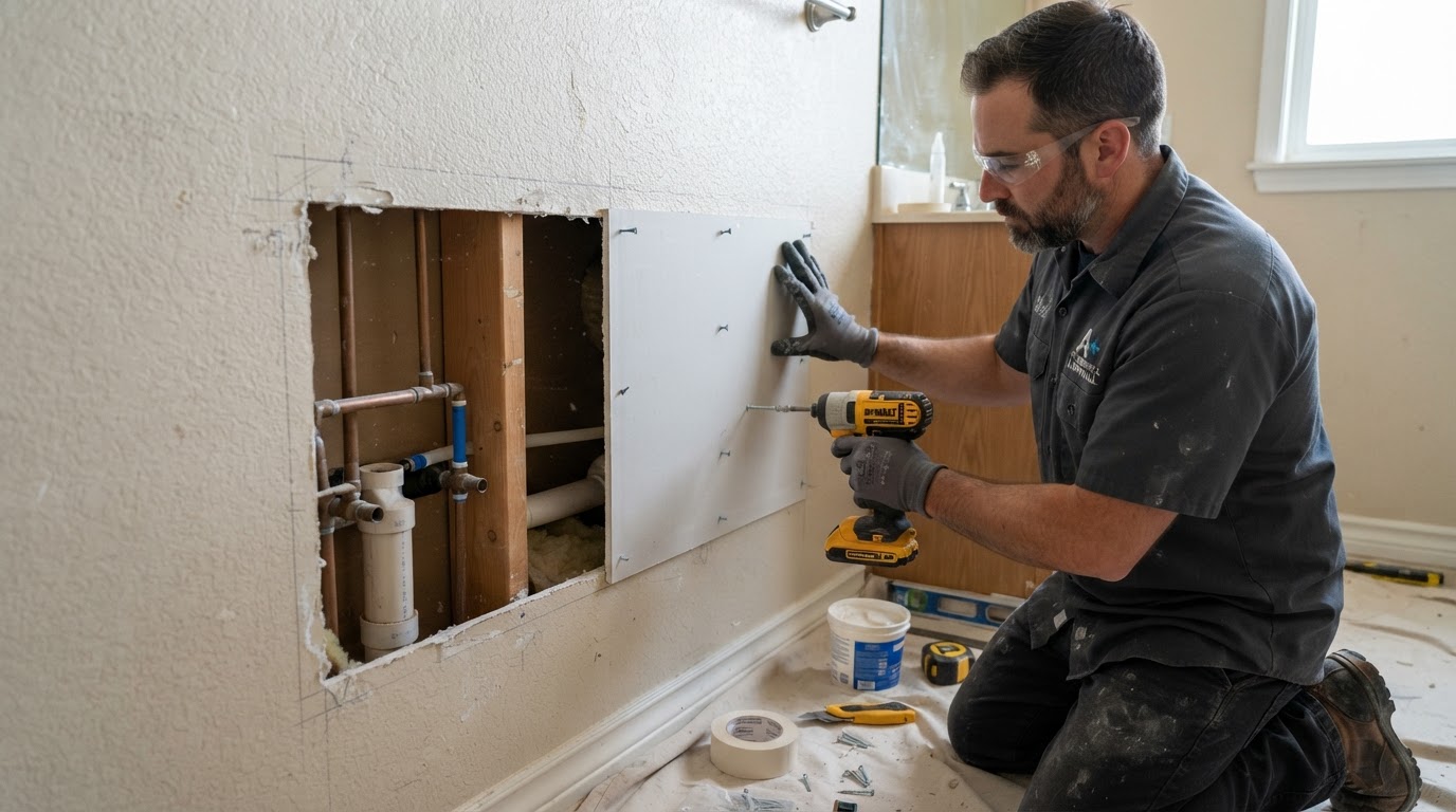 Rectangular drywall access hole cut into an interior wall for plumbing repair, ready to be patched in a Waldorf home