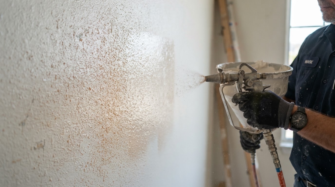Close-up of orange peel drywall texture being sprayed and matched on an interior wall in a Waldorf home