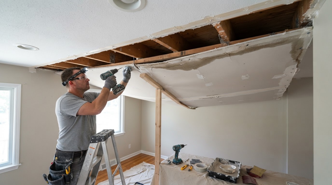 Interior drywall ceiling sagging downward between joists in a Waldorf home before professional repair