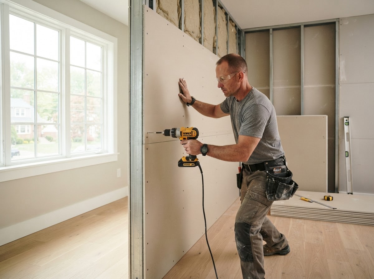 Contractor fastening gypsum board drywall panels to wall framing in an Alexandria VA residential interior
