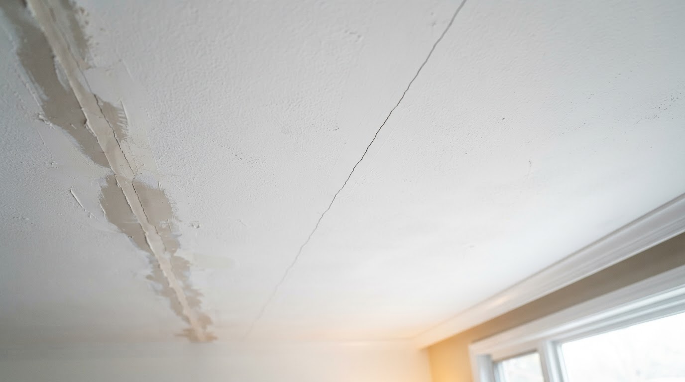 Close-up of a straight hairline crack running across a white drywall ceiling in a Waldorf home before professional repair