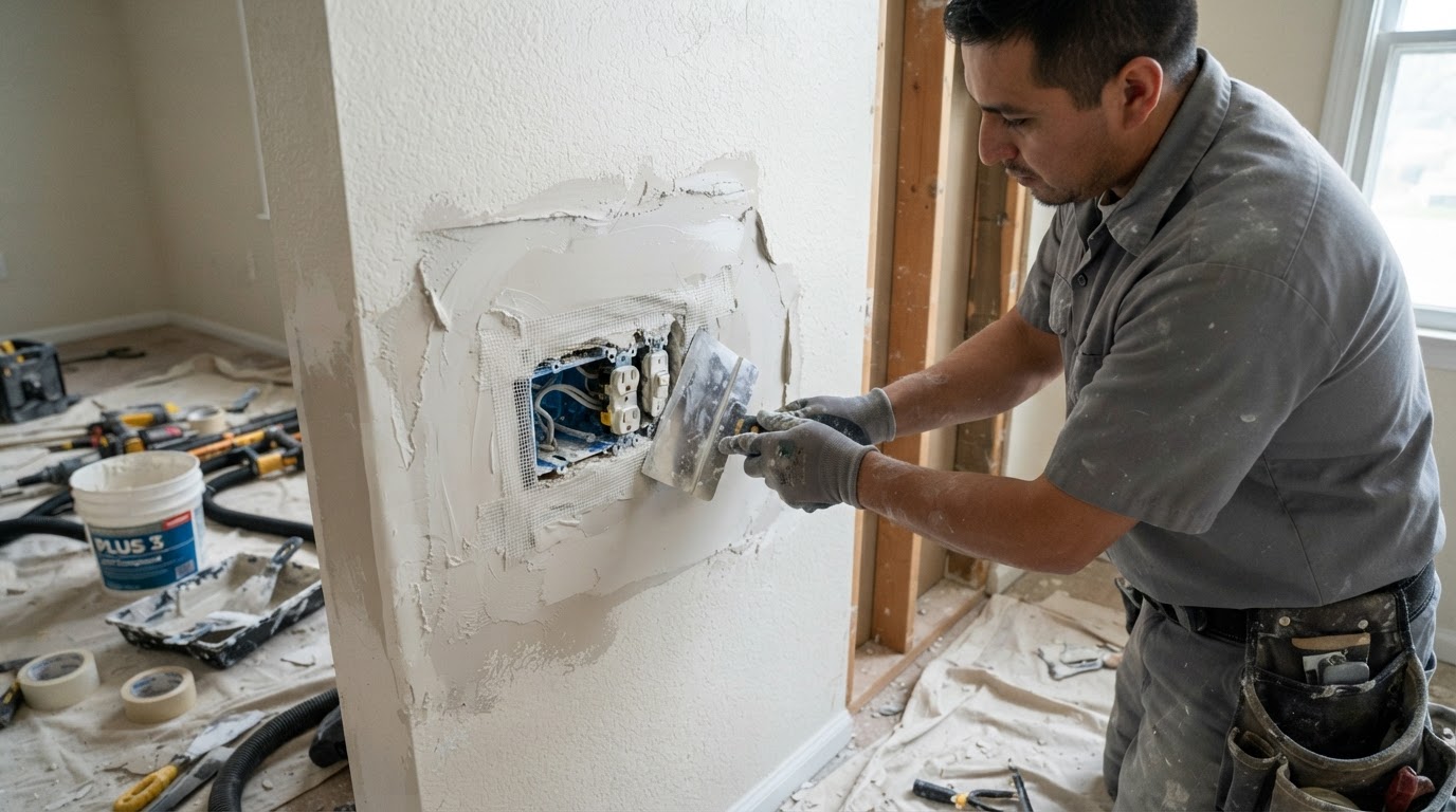 Drywall access openings around electrical outlet boxes being patched and refinished in a Waldorf home
