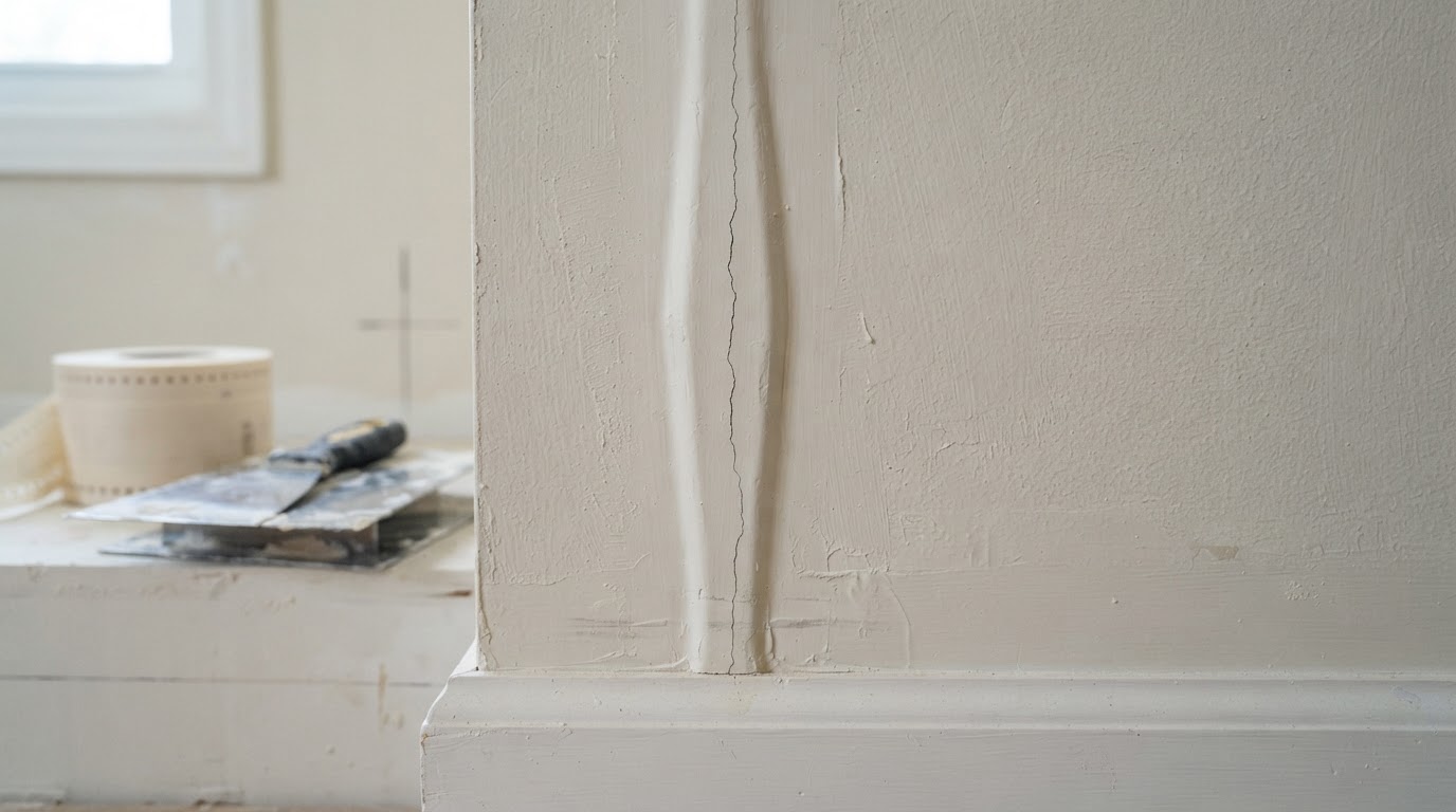 Close-up of a raised drywall seam and visible joint crack running along a finished interior wall in a Waldorf home