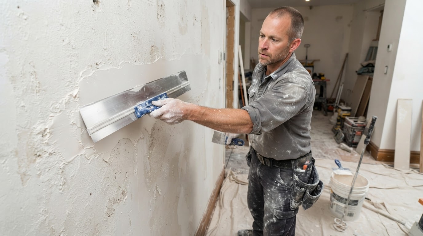 Drywall contractor applying a broad skim coat of joint compound across an interior wall for smooth refinishing in a Waldorf home