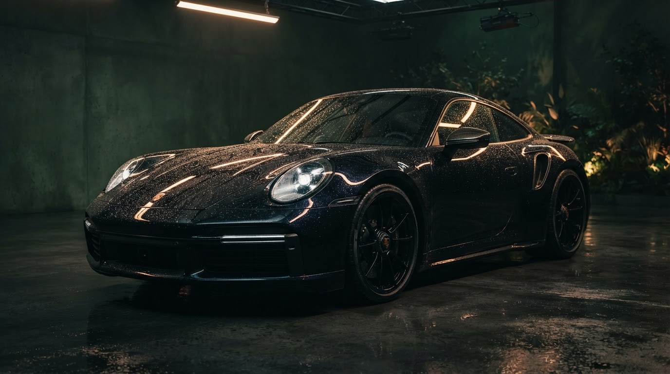 A luxury car with freshly ceramic-coated, flawless paint under studio lighting