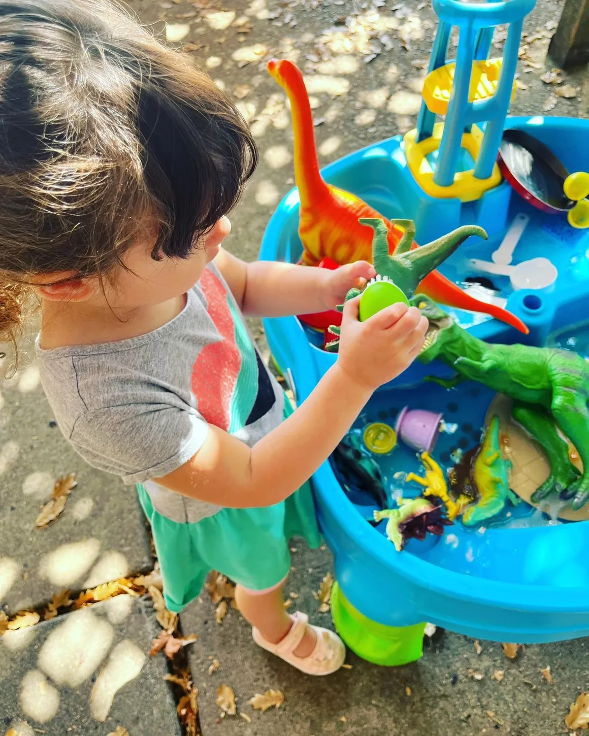 Toddler enjoying dinosaur outdoor water sensory table exploration