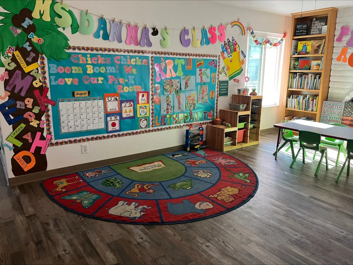 Preschool classroom circle time rug, calendar, and reading nook