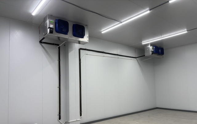 Walk-in cooler ceiling evaporator units and lighting in a commercial cold room