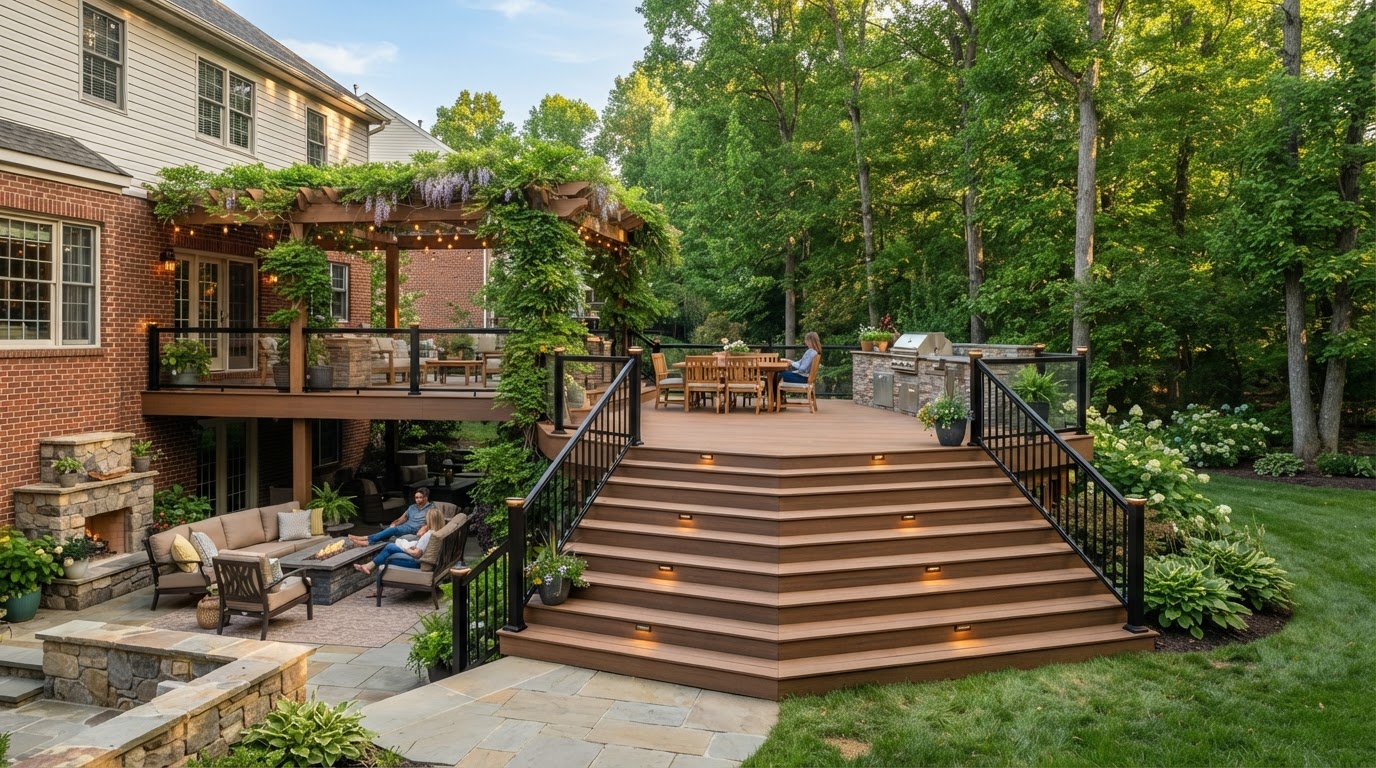 Custom composite deck with stairs and aluminum railings built in a Maryland backyard