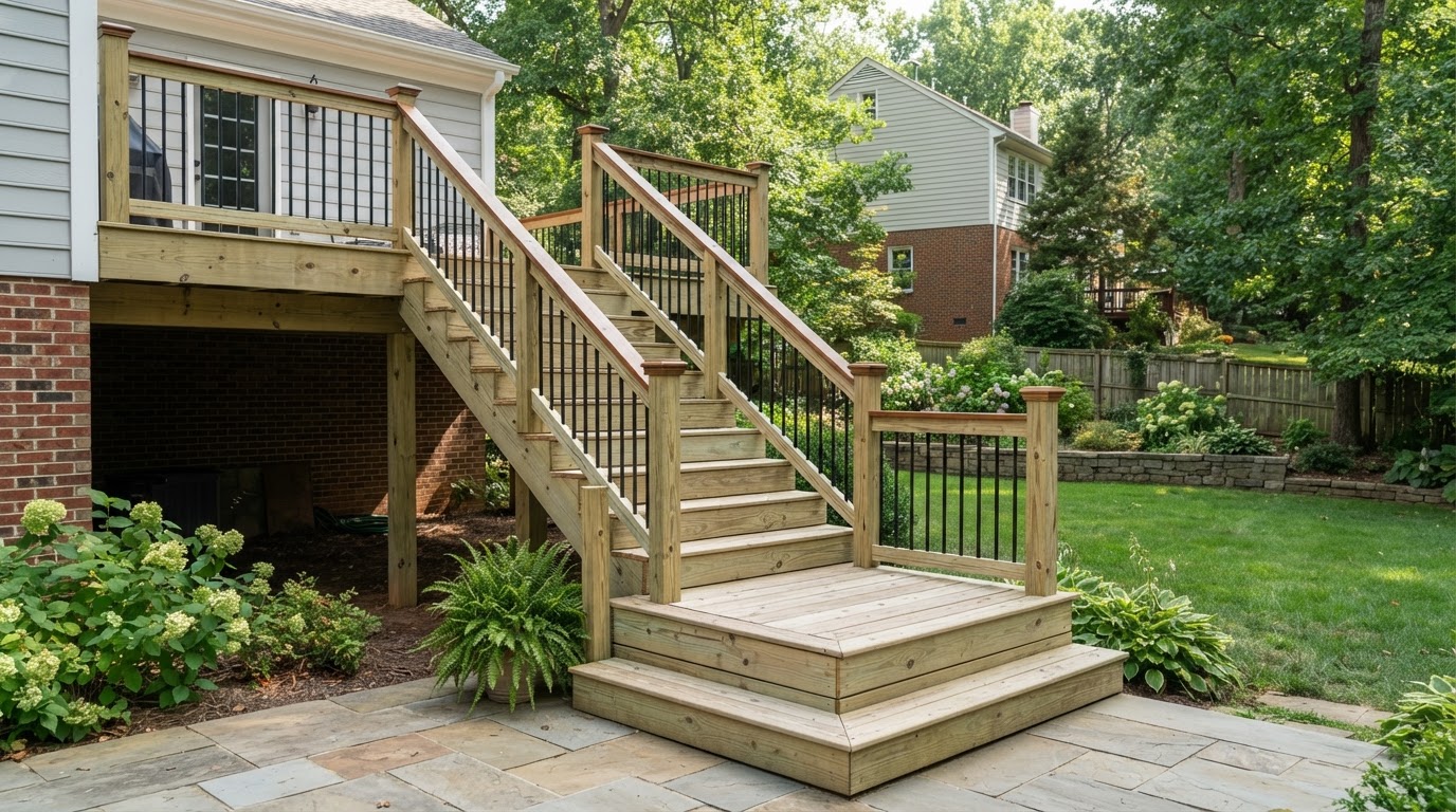 deck stairs and railing with landing and black aluminum balusters at a residential Bowie Maryland home