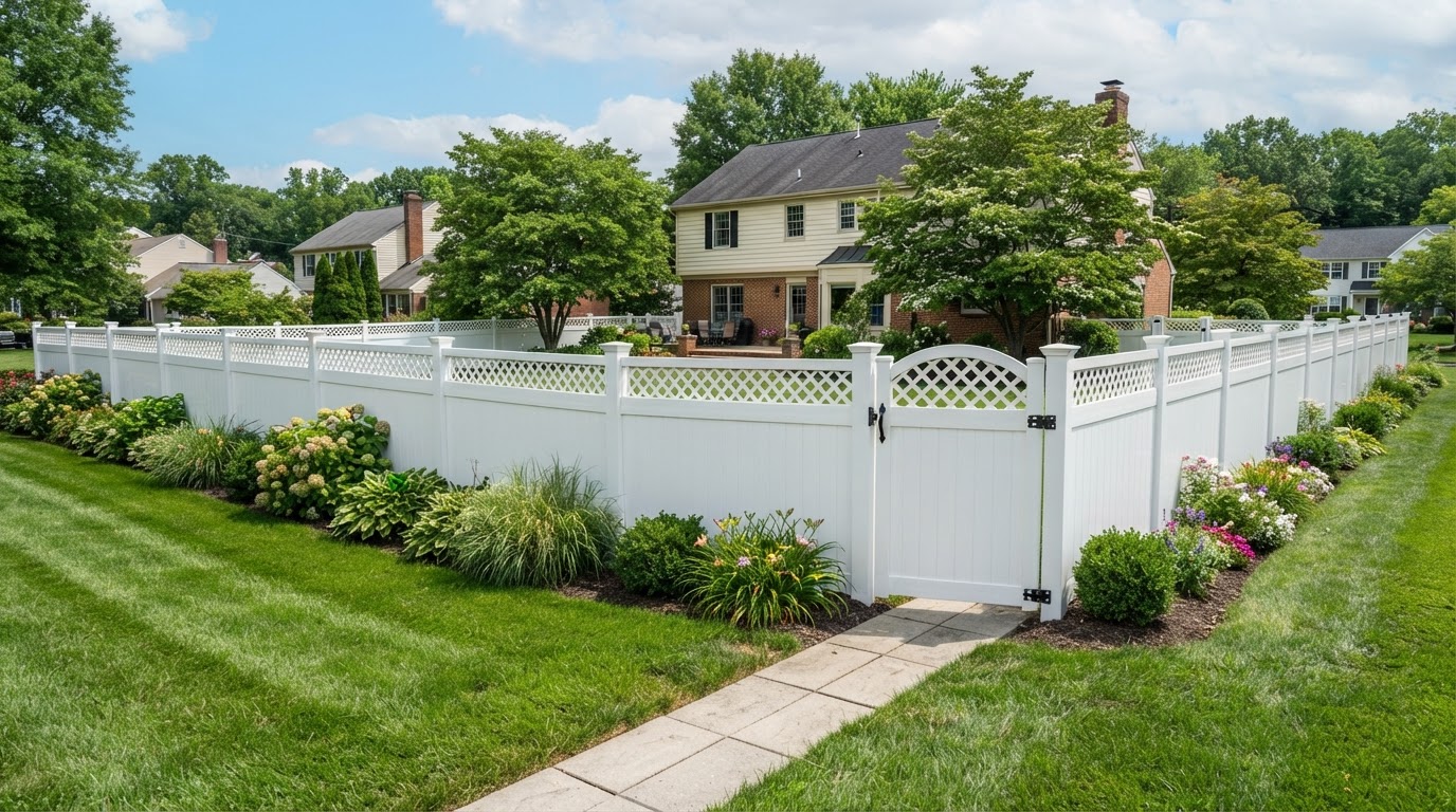 white vinyl privacy fence with decorative lattice top at a residential property in Bowie Maryland