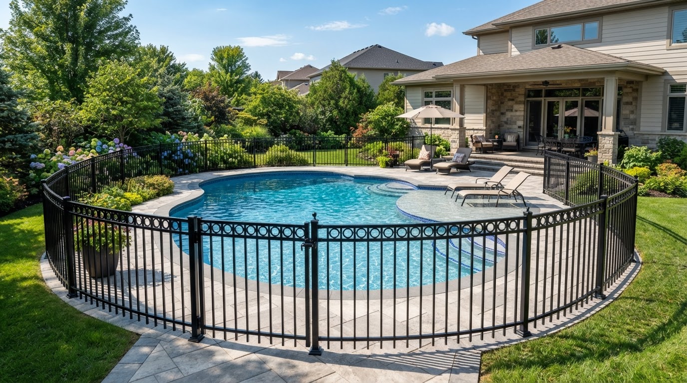 pool fence installation surrounding a residential backyard pool near Waldorf Maryland