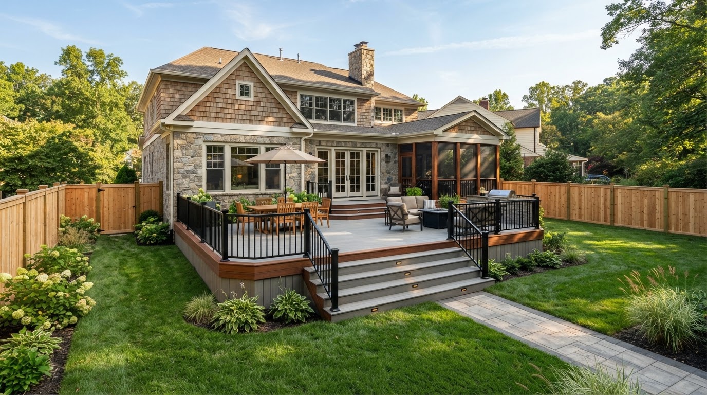 Professionally built custom deck and wood privacy fence at a suburban Maryland home in Bowie