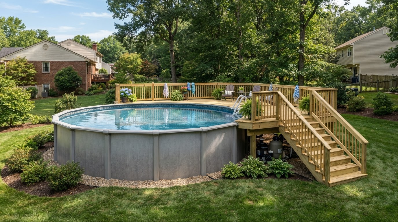 above ground pool with custom wood deck platform stairs and railing in Bowie MD