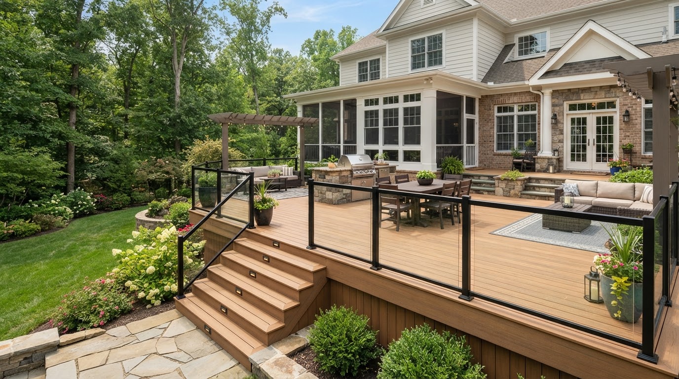 premium composite deck with modern railing and warm wood-tone boards at a Bowie Maryland home