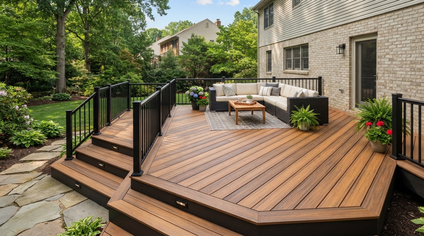 deck resurfacing with new composite boards and picture-frame border at a Bowie Maryland home