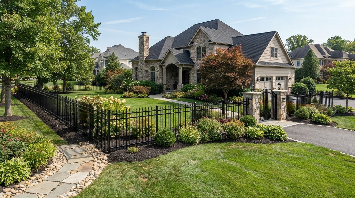 black ornamental aluminum fence at a Bowie Maryland home with open sightlines and decorative pickets