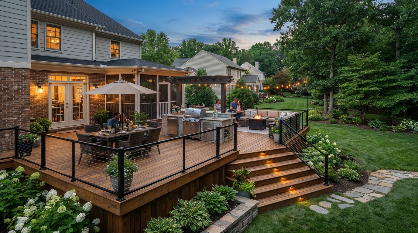 expanded backyard deck with entertaining zones dining area and railing in Bowie Maryland