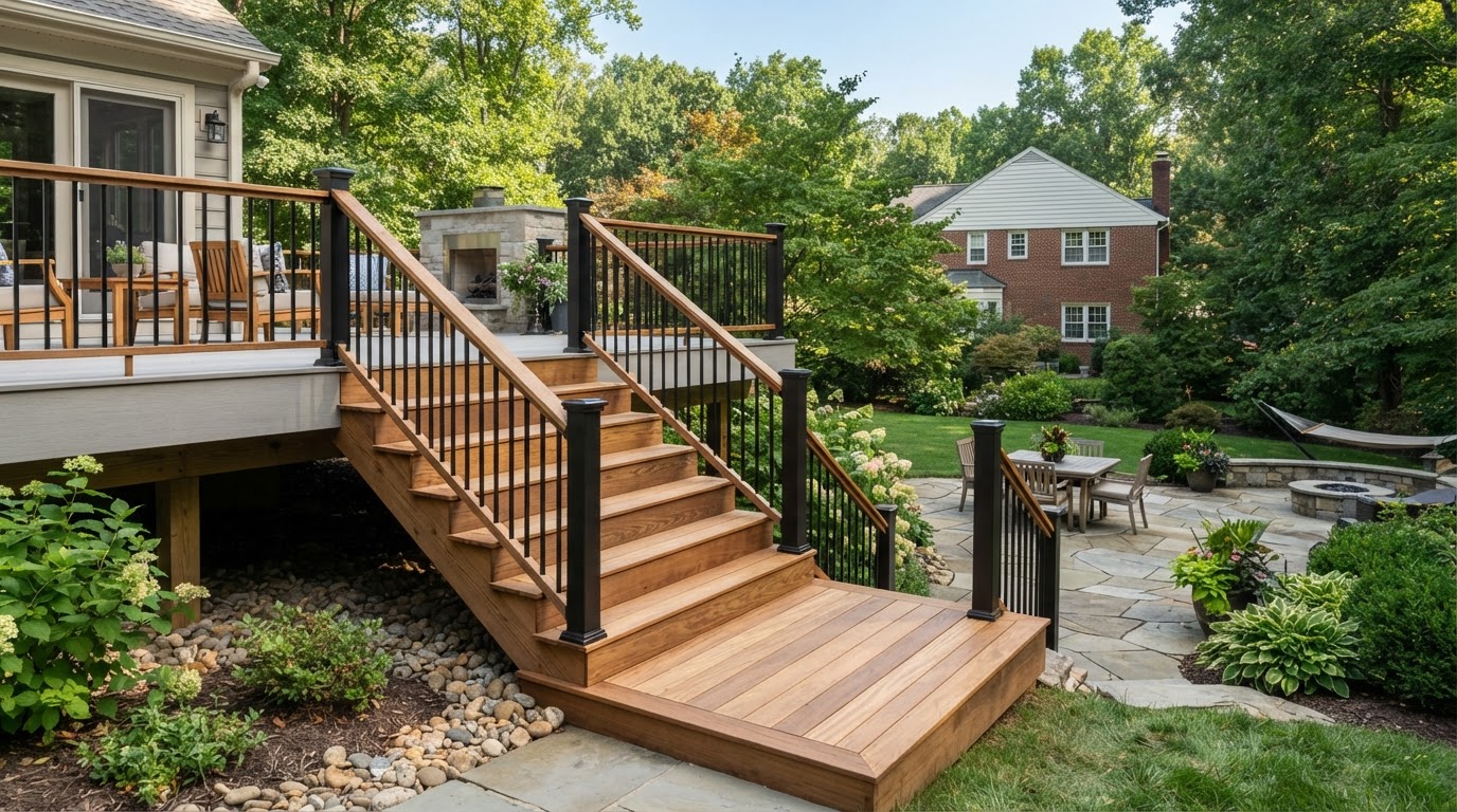 deck stairs and landing with railing leading into a Bowie Maryland backyard