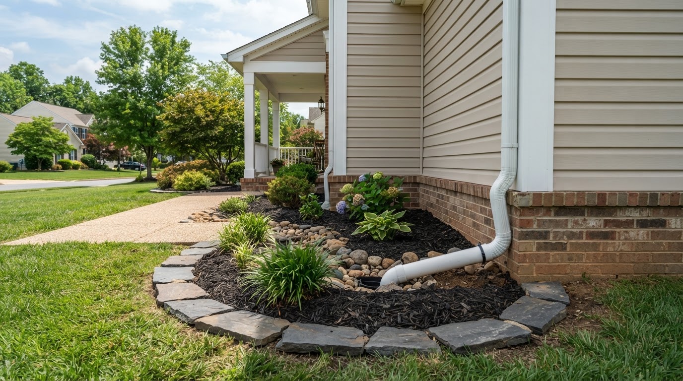 Downspout connected to underground drainage pipe at a Bowie, Maryland area home