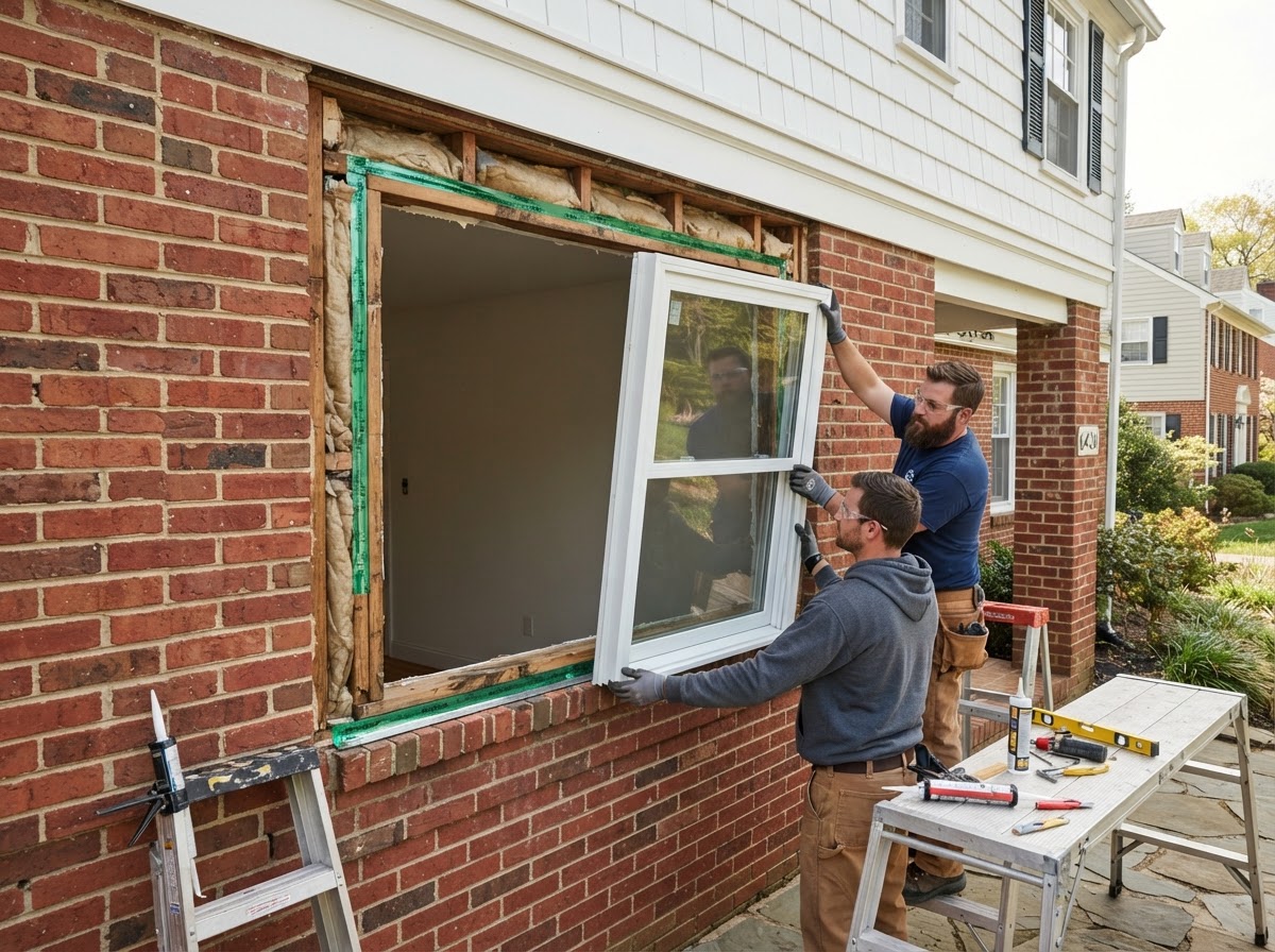Full-frame window replacement on a residential home near Bowie, Maryland with the opening and surrounding frame area exposed