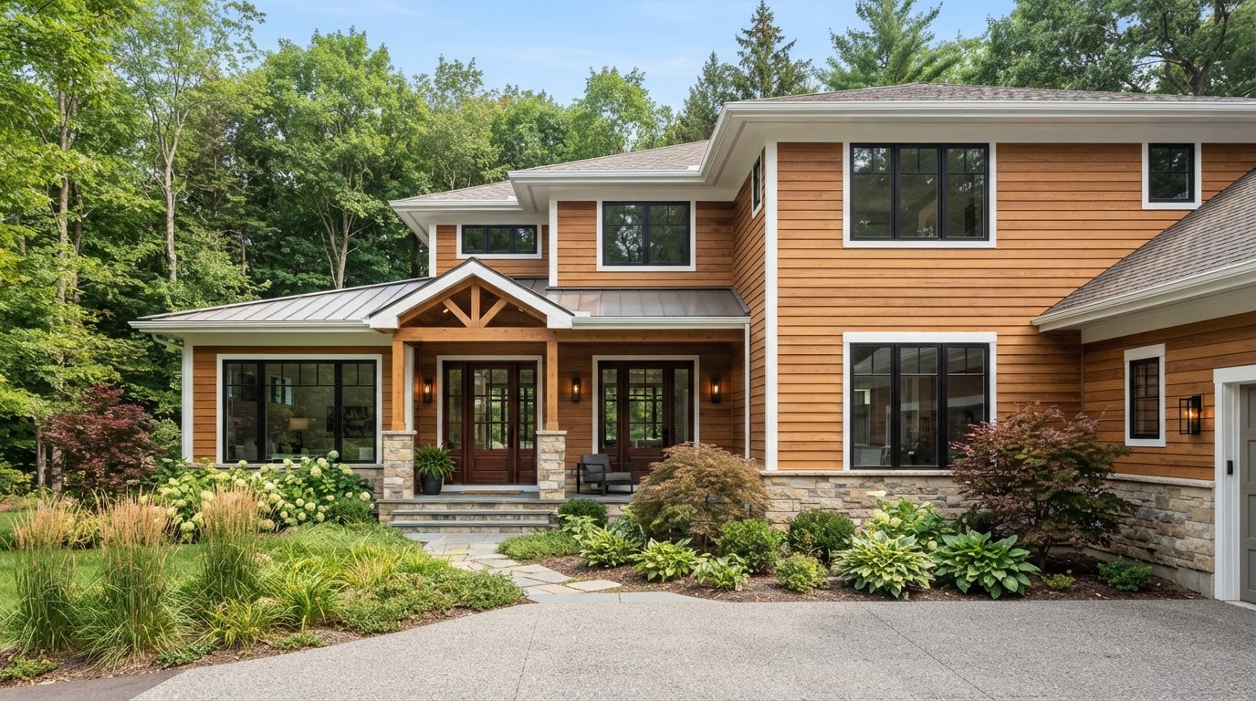 Engineered wood siding with a natural wood-grain appearance installed on a residential home near Bowie, Maryland