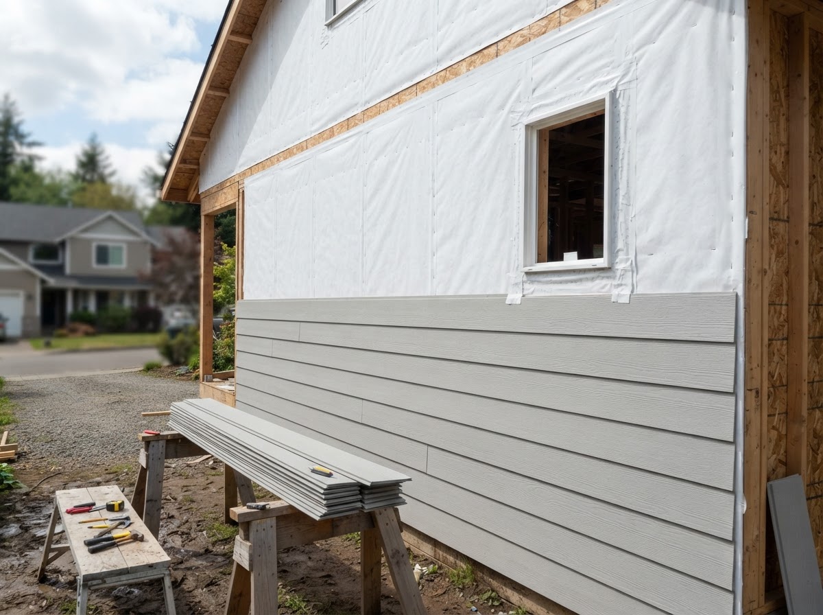 House wrap weather barrier visible on a residential wall before siding installation